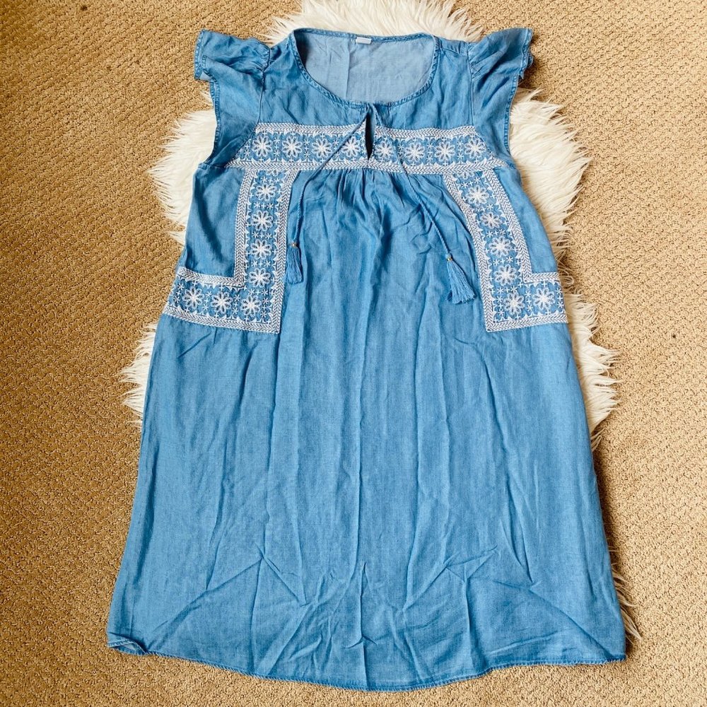 Old Navy Dress‎ Womens Small Shift Flutter Sleeve Embroidered Chambray Light